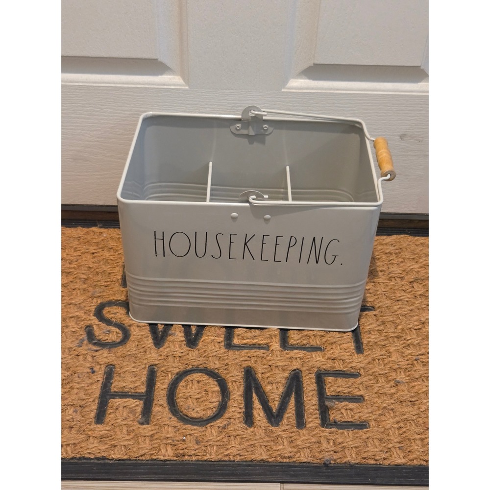 Rae Dunn Housekeeping Metal Cleaning Caddy White Farmhouse Organizer with Handle - Picture 9 of 10